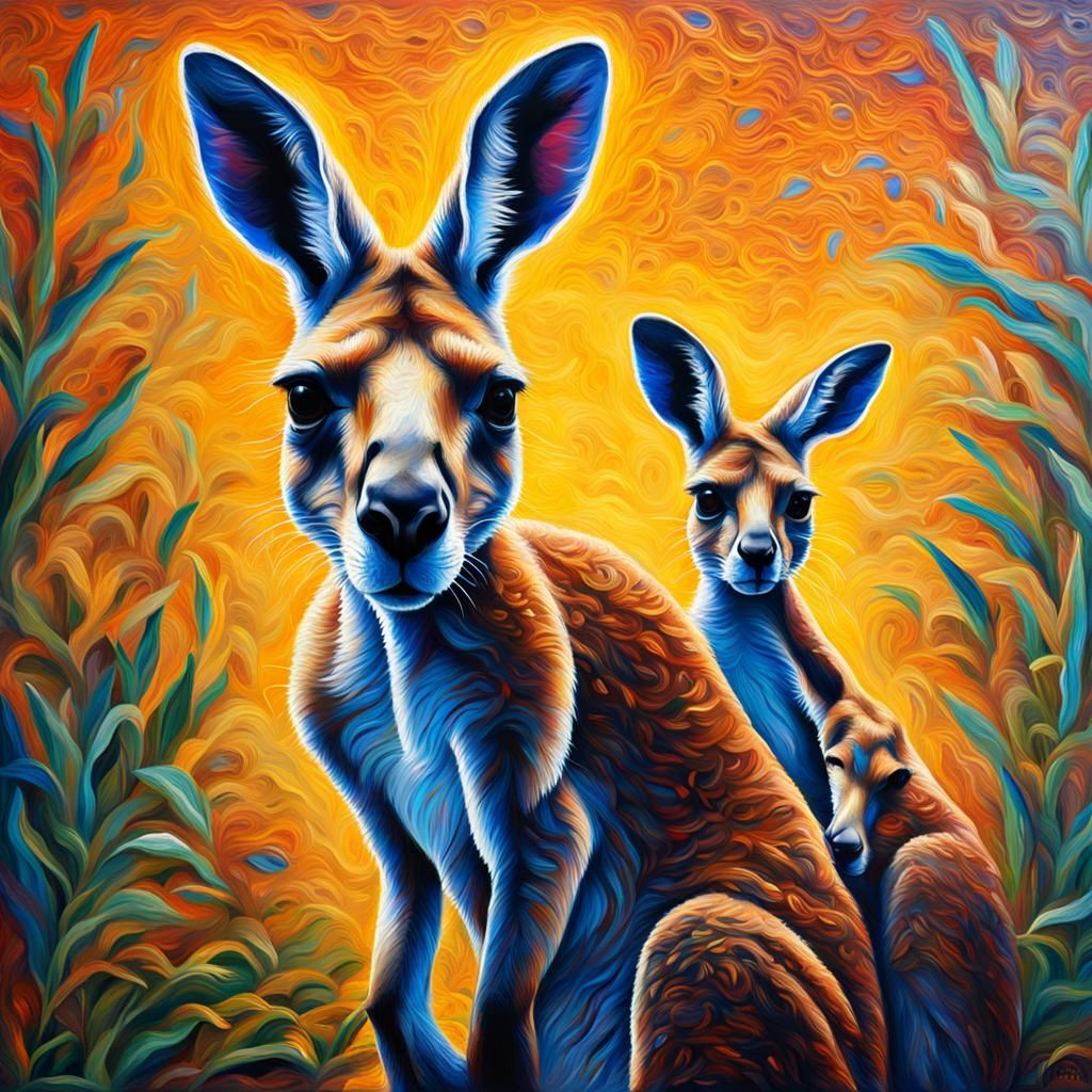 Kangaroo and Joey in Expressionist Oil Painting
