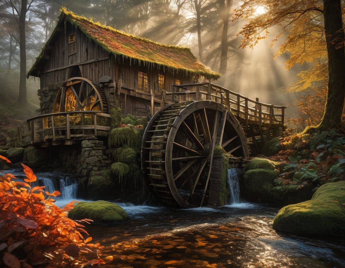 Foggy Morning Waterwheel in Golden Light