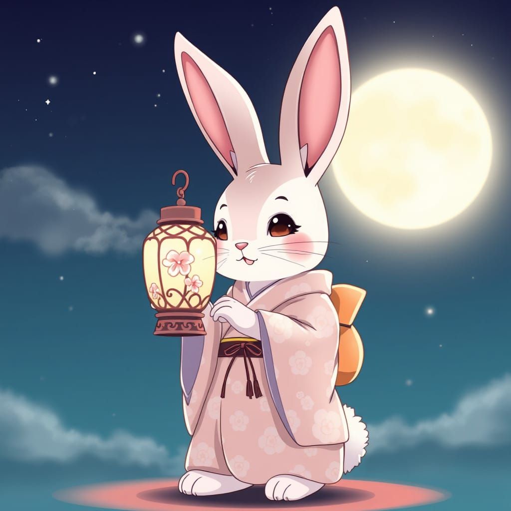 Whimsical Anime Bunny Under Cherry Blossom Moonlight