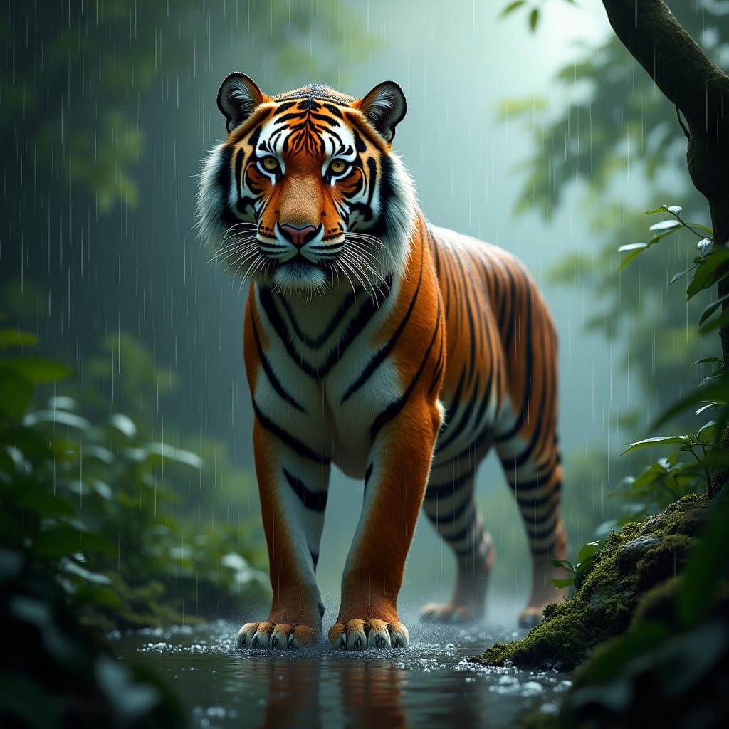 Tiger Surrounded by Rainy Jungle Radiance