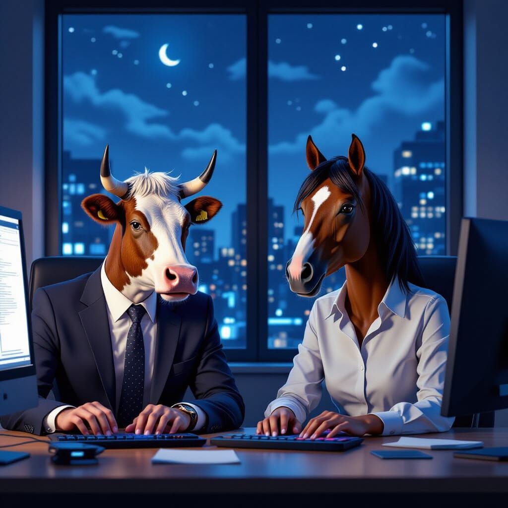 Cow and Horse Office Workers in Fantasy Art Style
