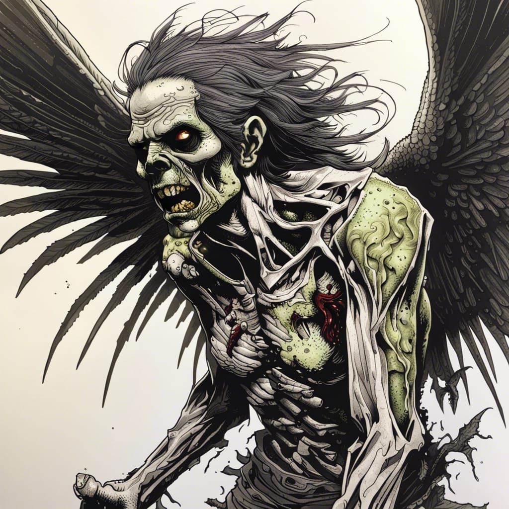 Intricately Detailed Zombie with Wings in Ink