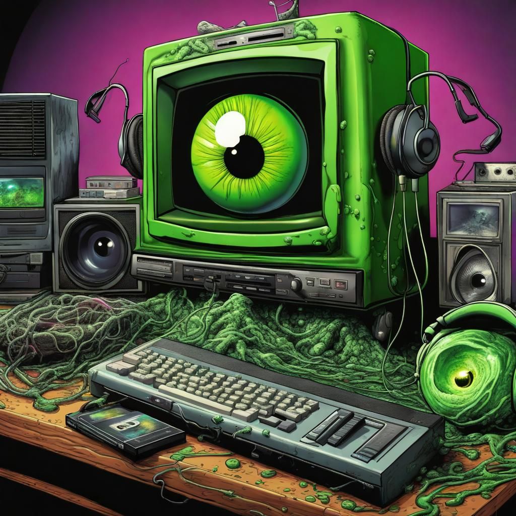 Surreal Brain-Eye with Retro Tech in Comic Style