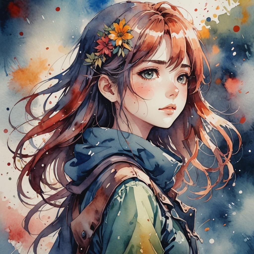 Anime Girl in Watercolor Style, Cel-Shaded Manga Scan