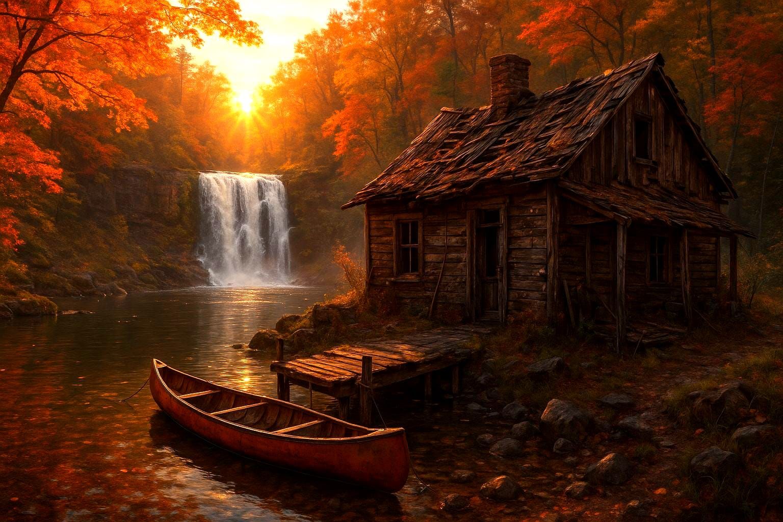 Photorealistic Cabin by Autumn Waterfall Lagoon