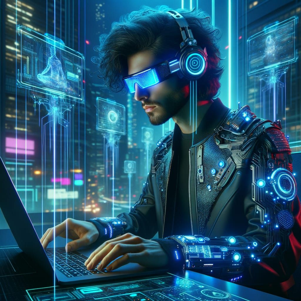 Cyber-Tech Professional in Futuristic Neon-Lit Workspace