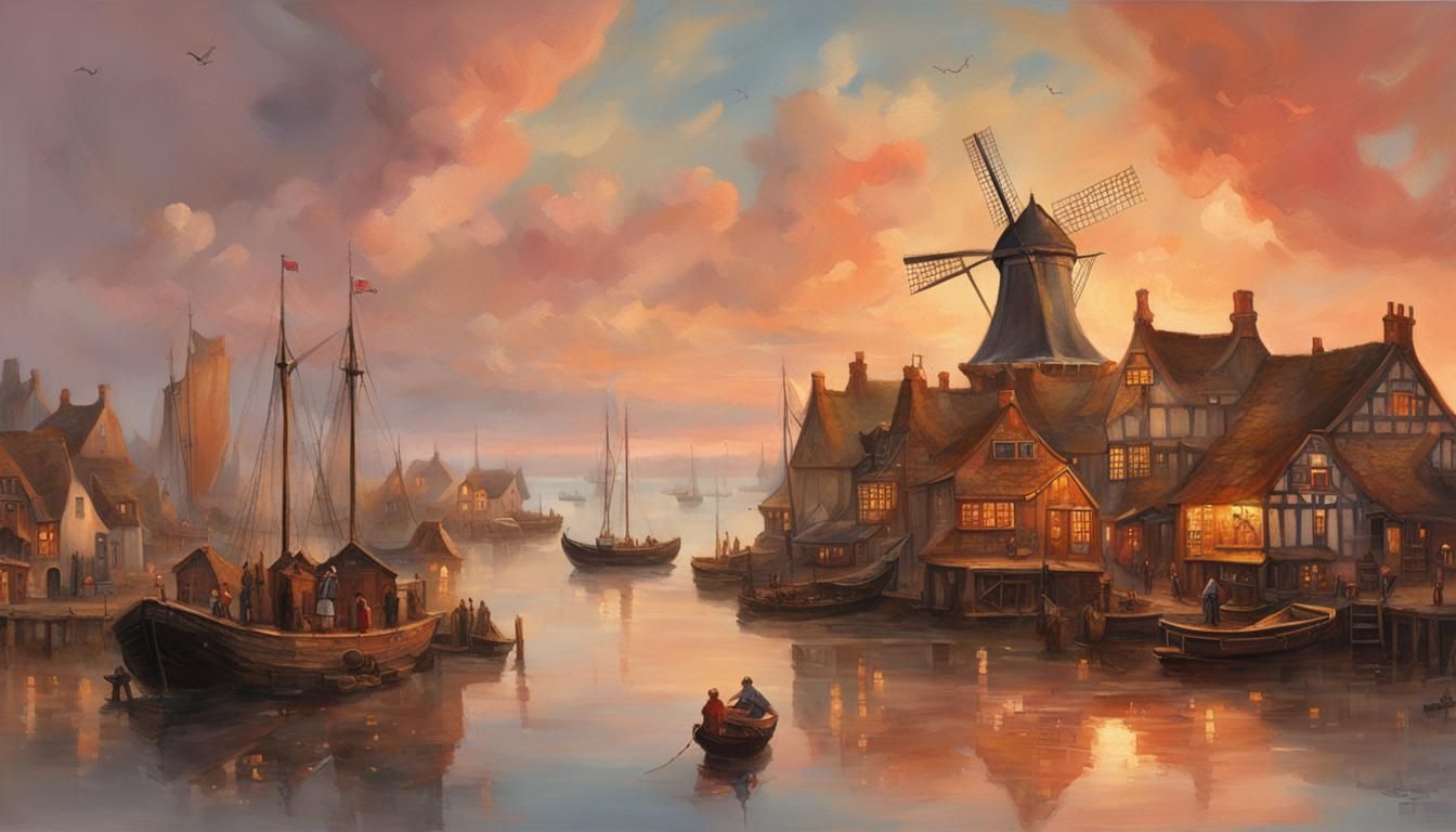 (3) Tudor fishing village on a sunny July morning.