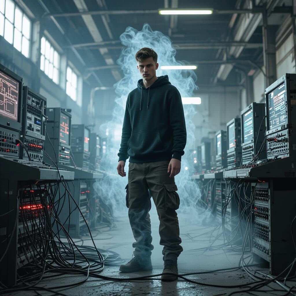 Cyberpunk Man Transforms into Digital Phantom in Power Plant