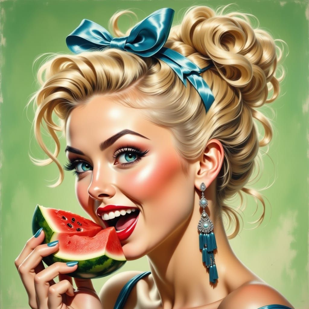 Blonde Woman Eating Watermelon in Airbrush Art Style