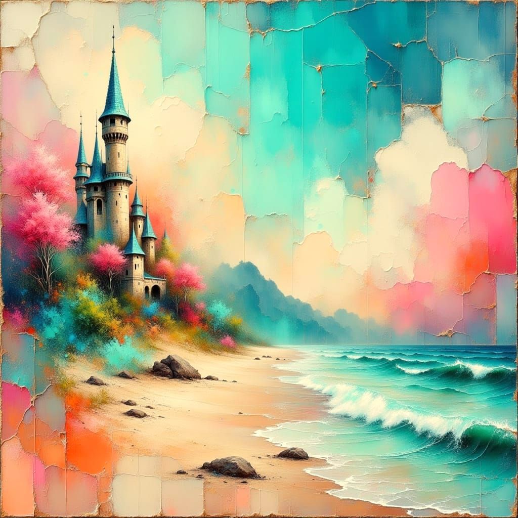 Neon Grunge Sandcastles on Beach as Oil Painting