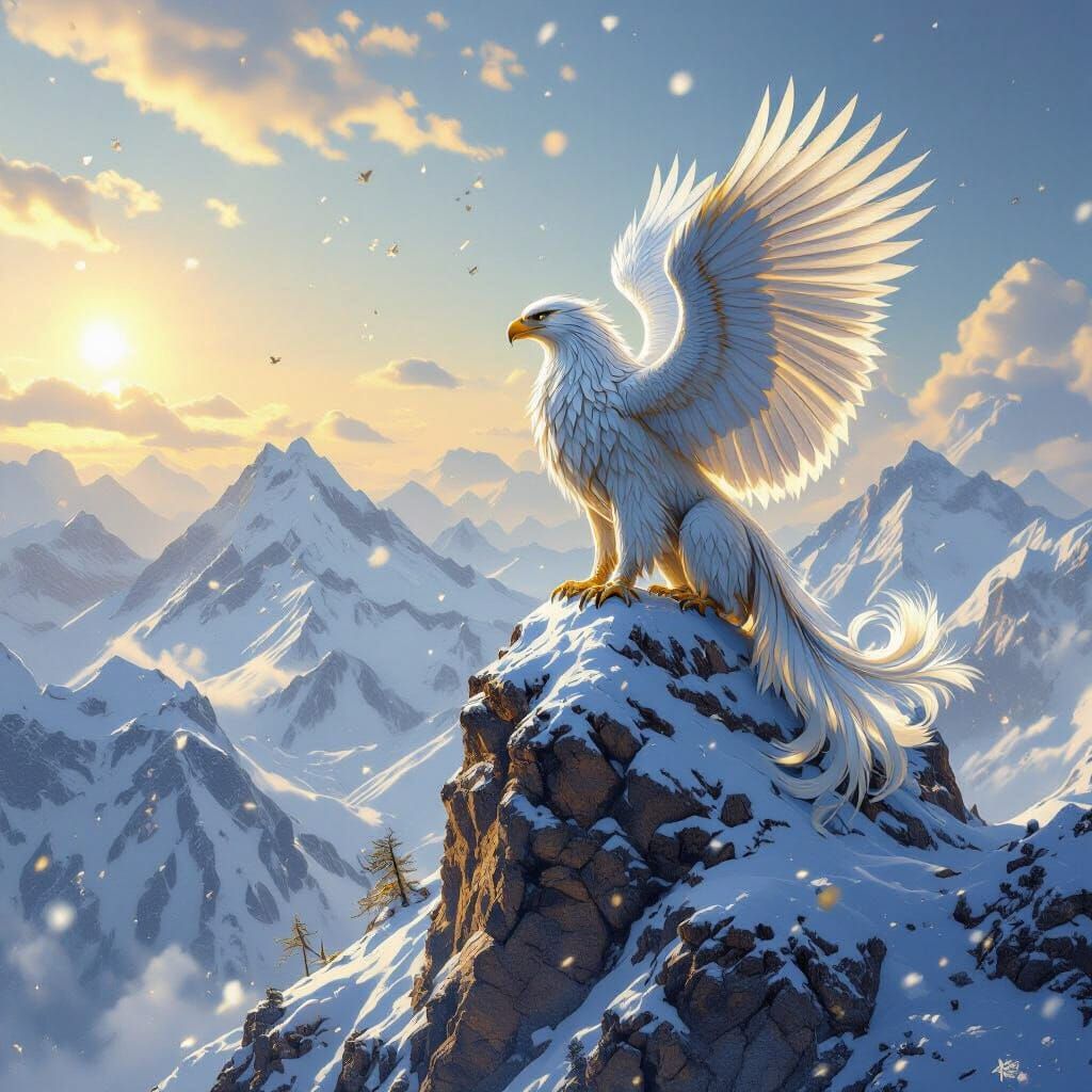 Golden Griffin Perched Atop Snowy Mountain Peak