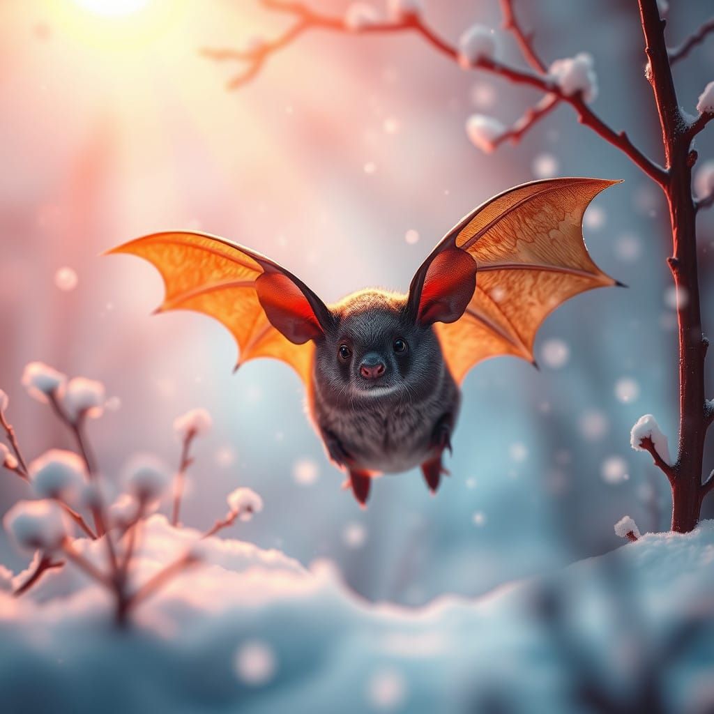 Serene Bat in Winter Wonderland Scene, Christmas Mood