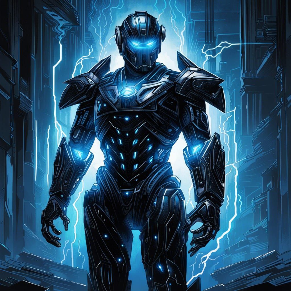 A black robot like suit with blue lighting bolts throughout ...