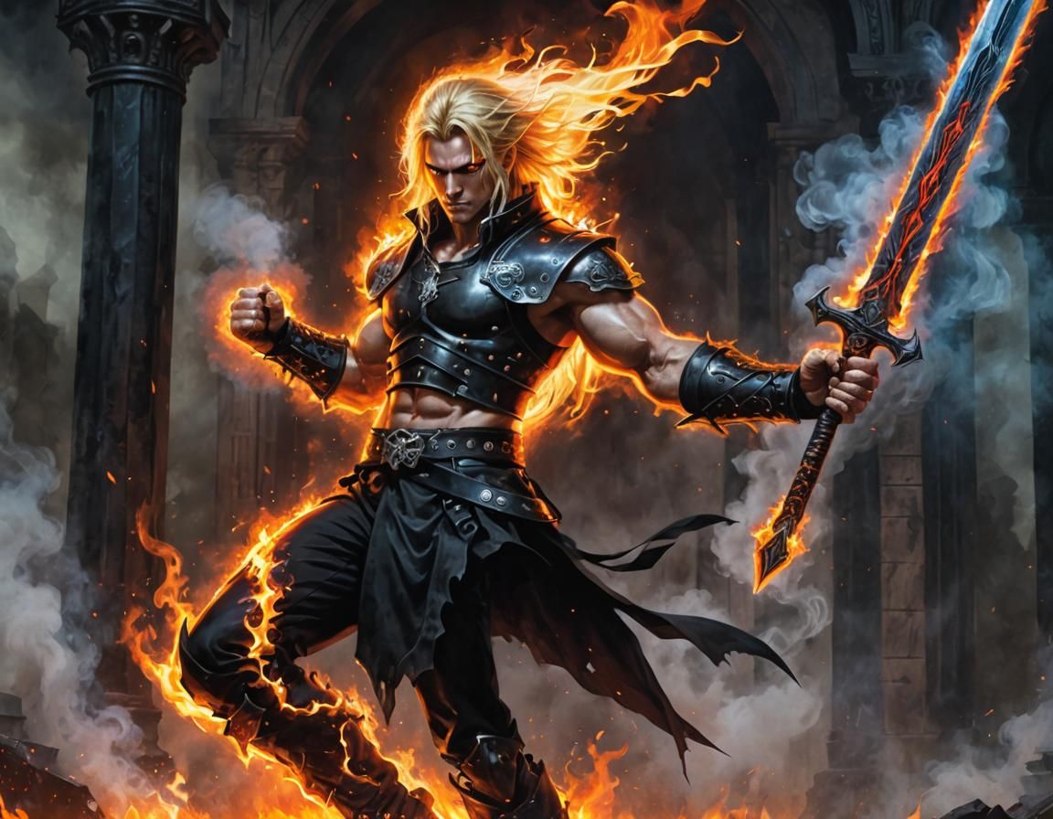 Muscular Warrior Gripping Neon Plasma Sword in Gothic Temple