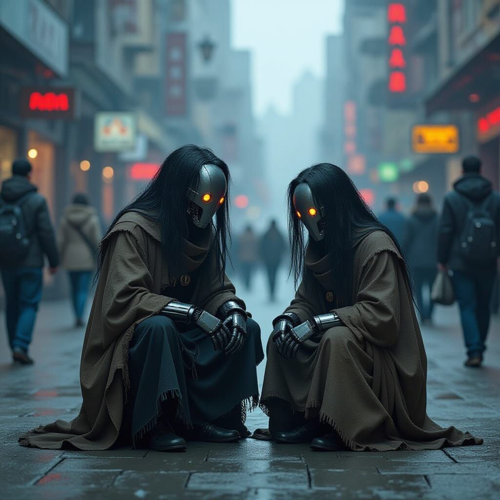 Beggar Robots in Dystopian Cityscape as Digital Art