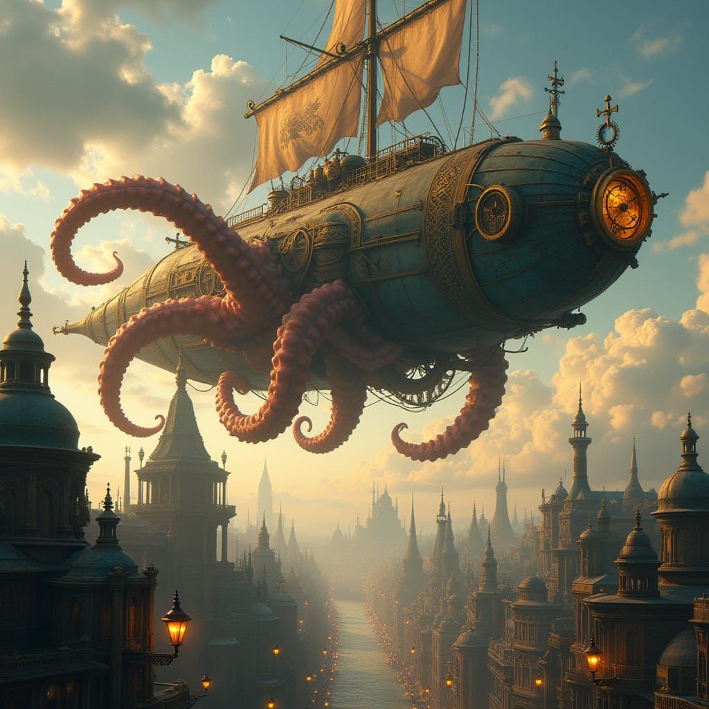 Steampunk Airship Squid Soars Through Whimsical Victorian Sk...