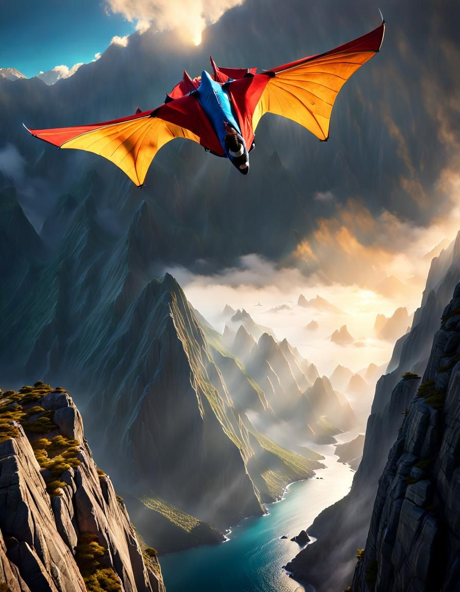 Wingsuit Flying Between Rocky Peaks in Golden Light