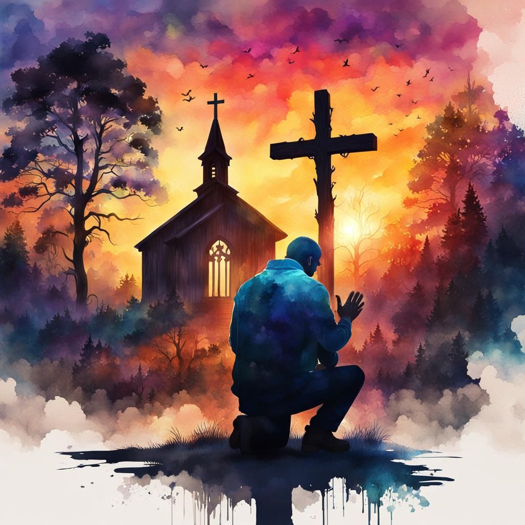 Man Praying at Cross: Watercolor Double Exposure