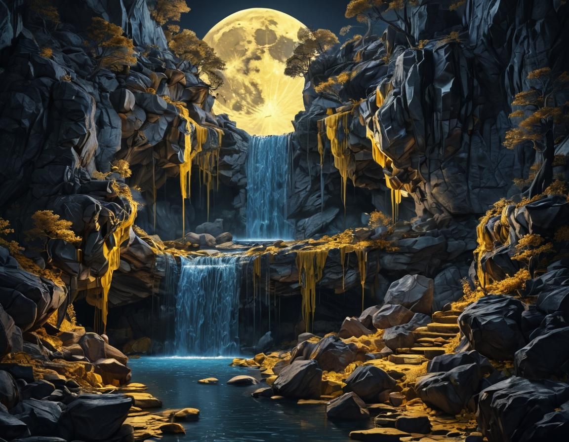 Moonlit Waterfall with Volumetric Lighting