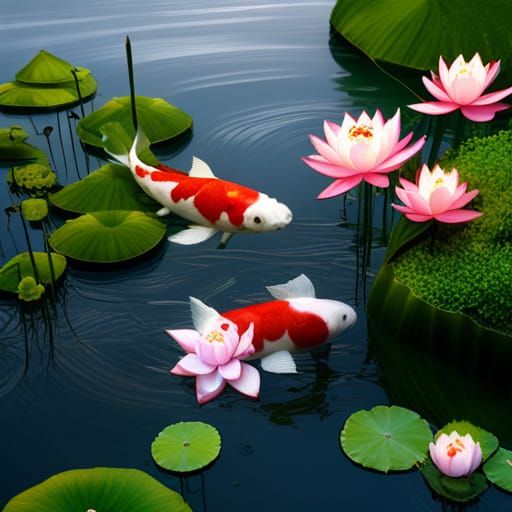 Exotic Koi Fish and Lotus Flower in Detailed Painting