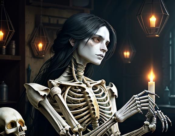 Furry Skeleton Cleans Bones: Dark Fantasy Concept Art