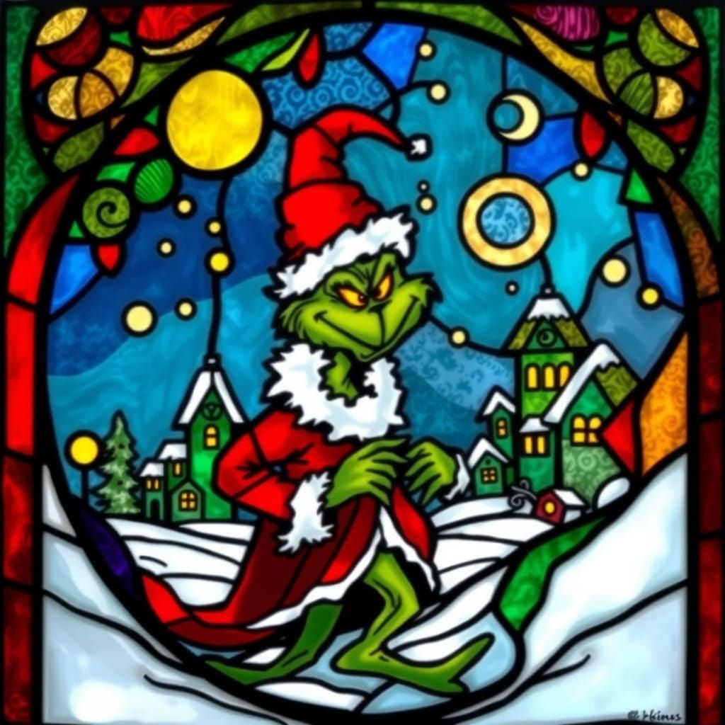Whimsical Stained Glass Grinch Steals Christmas in Vibrant E...