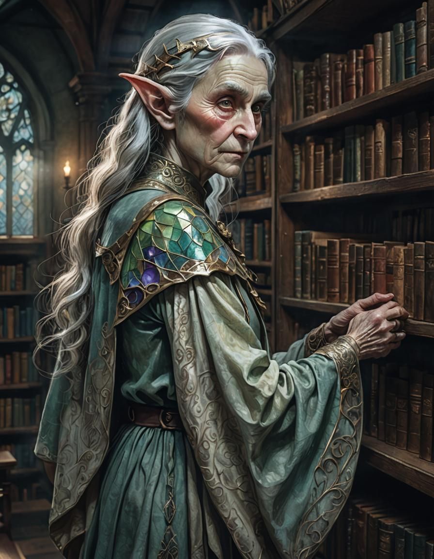 Elderly Elf in Library: Mystical Fantasy Illustration