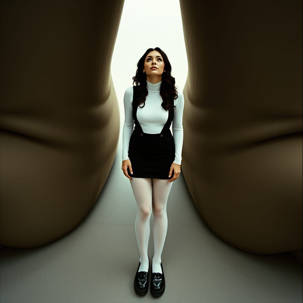 Ethereal Woman Dwarfed by Giant Knees in Moody Cinematic Sty...