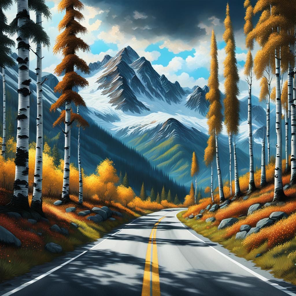 Mountain Road Birch Trees in Bob Ross Style