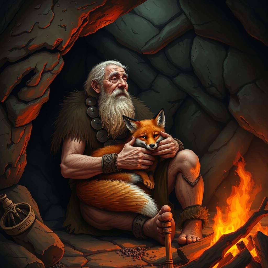 Caveman Cuddles Pet Fox by Fire
