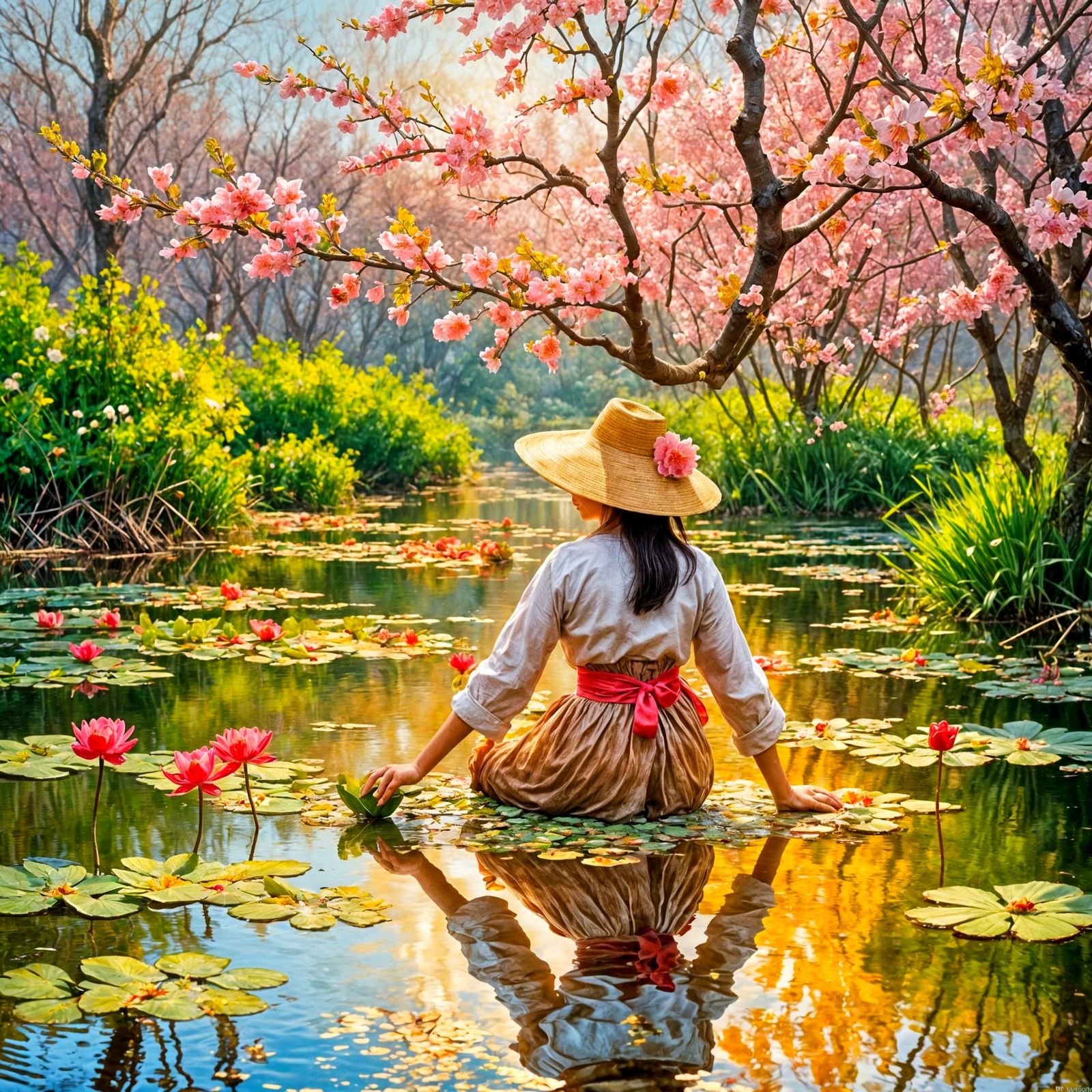 Vietnamese Woman Meditating by Lotus Lake