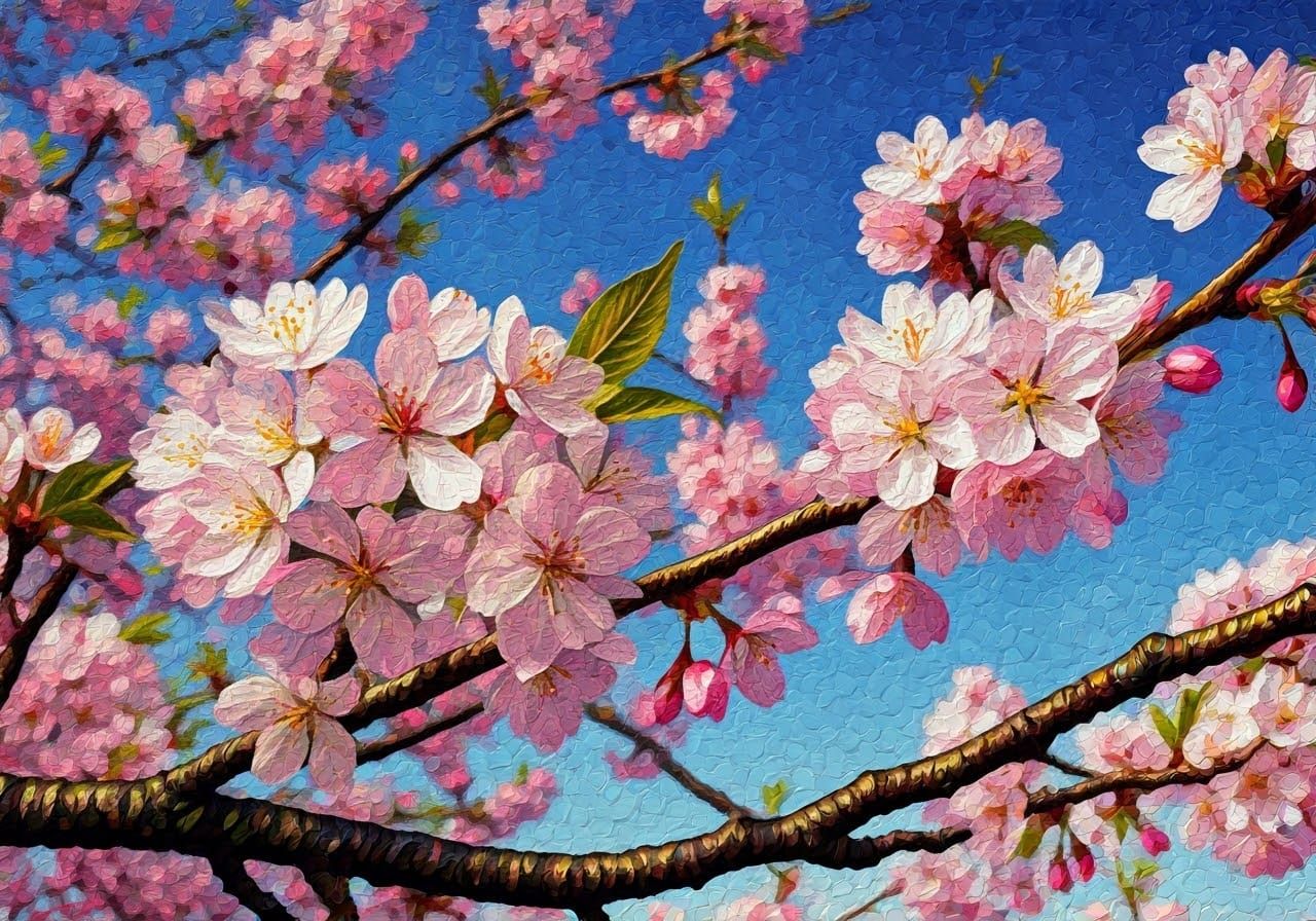Cherry Blossoms in Pointillism Style