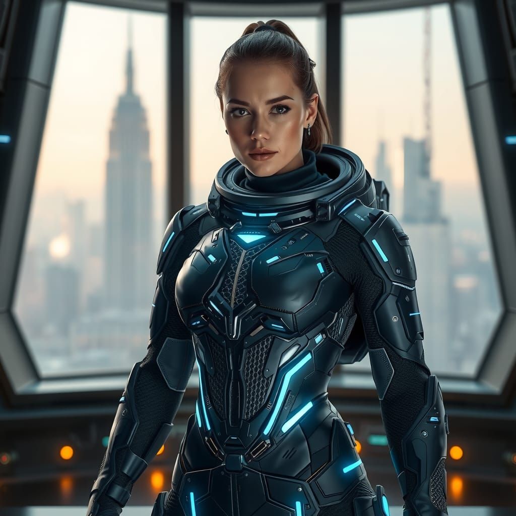 Futuristic Woman in Spacesuit with Holographic Display