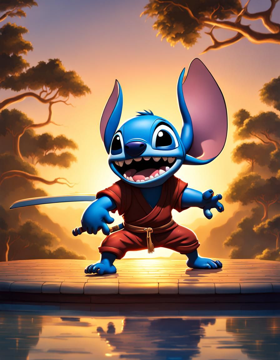 Stitch as Ninja in 2D Cartoon Painting