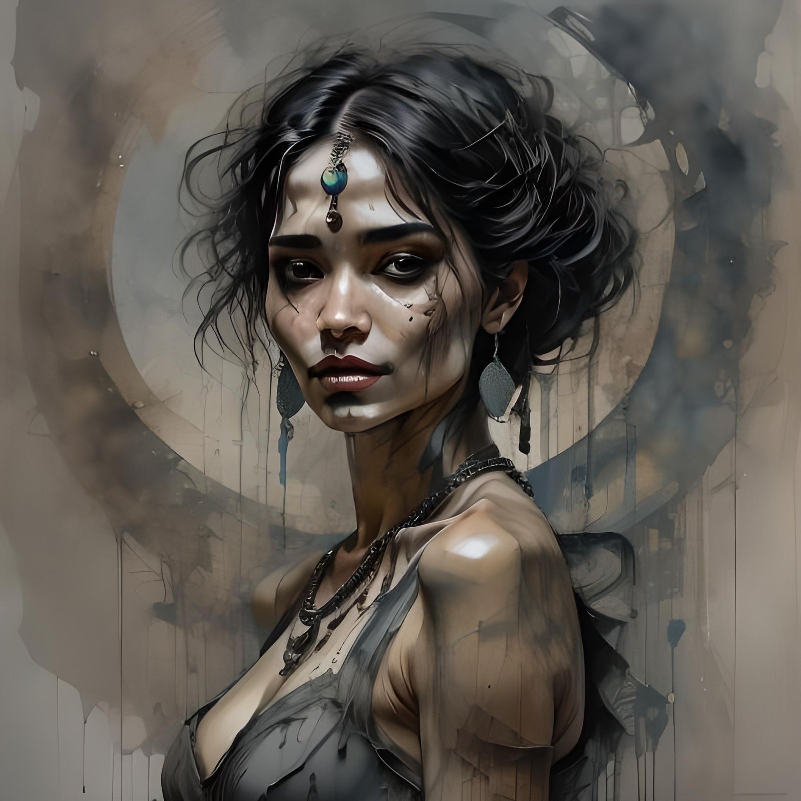 Indian Woman Portrait with Ink Splatter Background