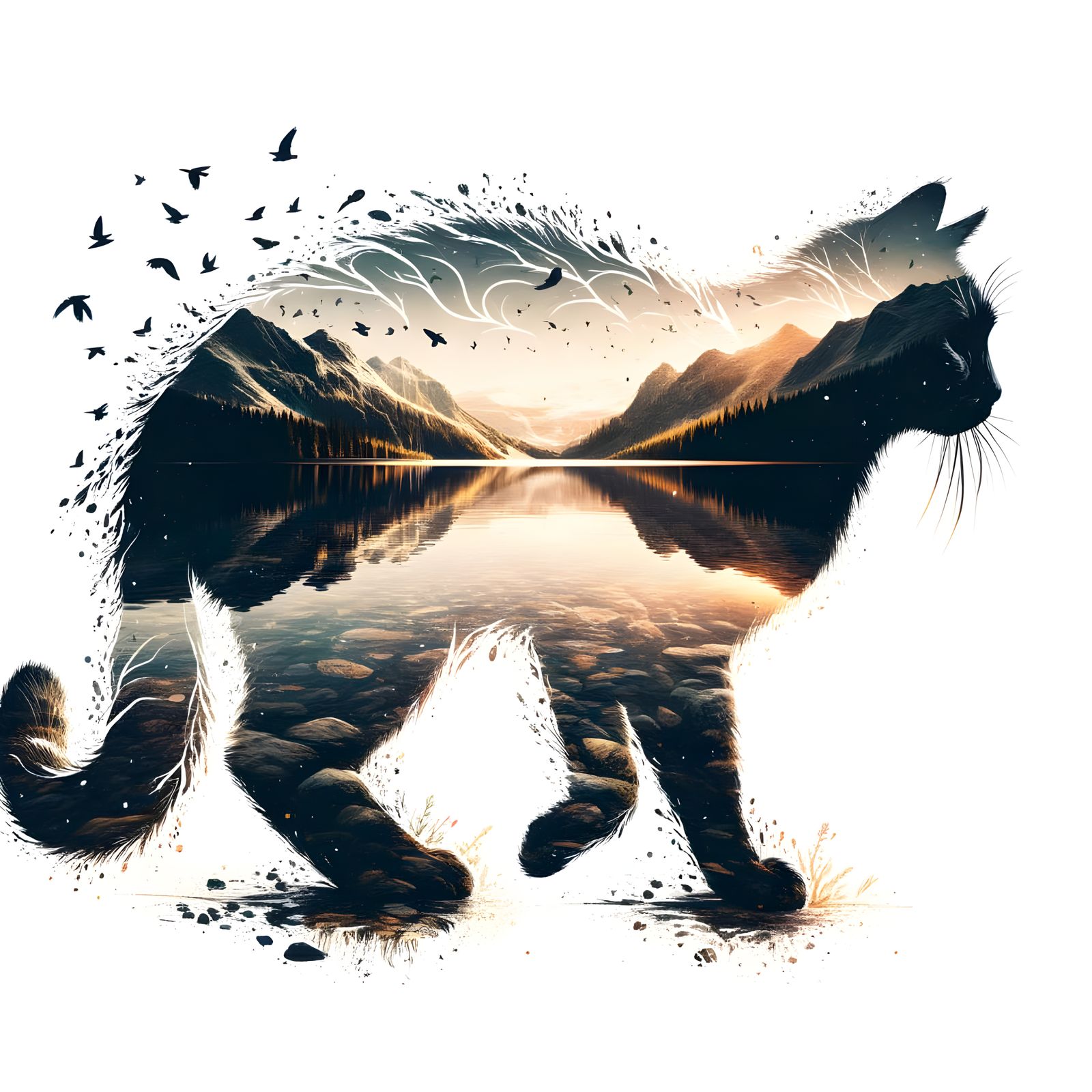 Mysterious Cat Silhouette Rises from Darkened Lake