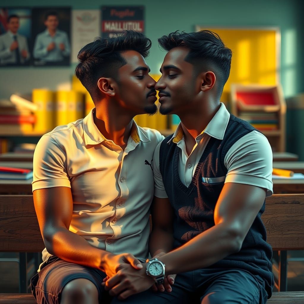 Emotional Kiss Between Two Men in School Uniforms