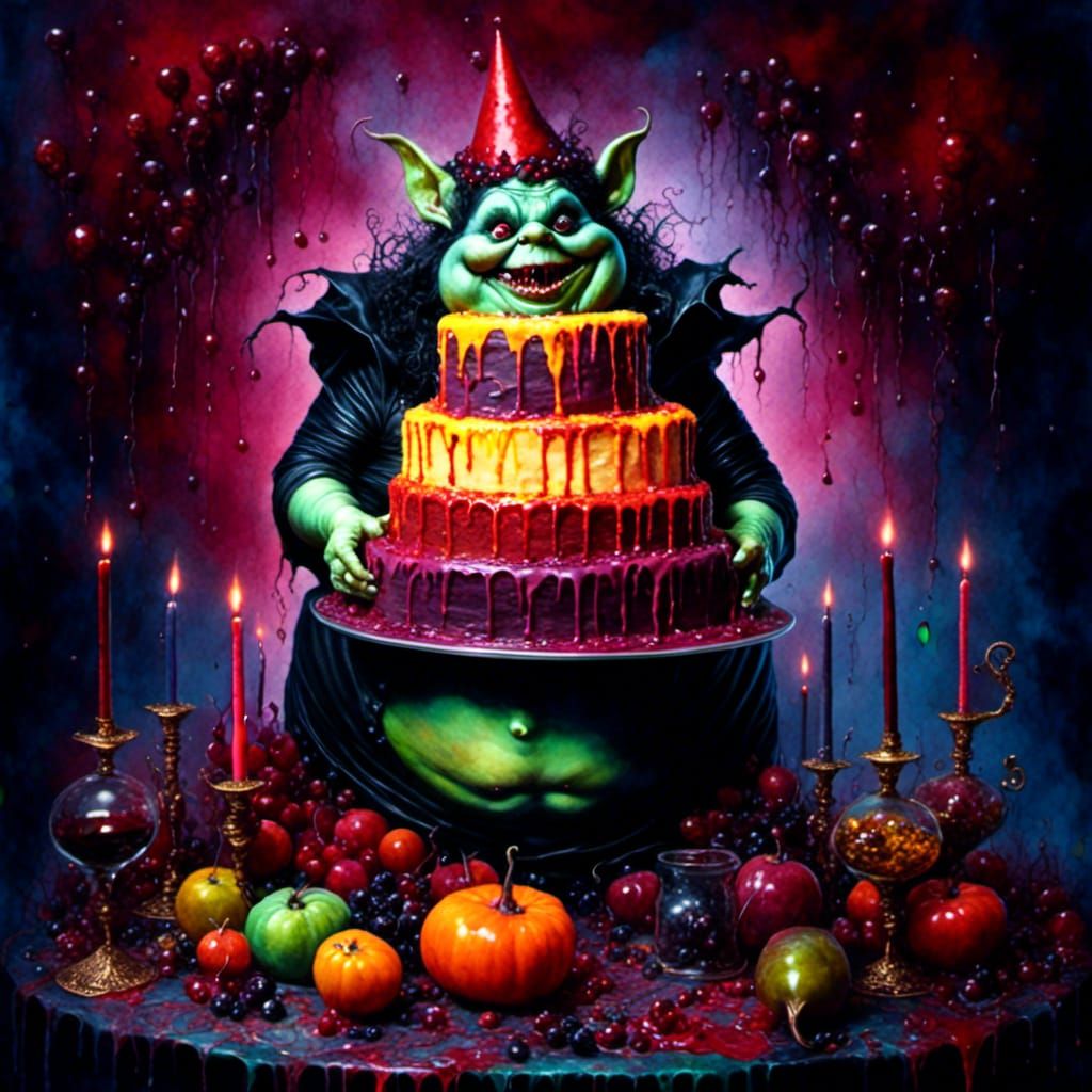 Goblin Woman Presents Birthday Cake in Dark Fantasy Style