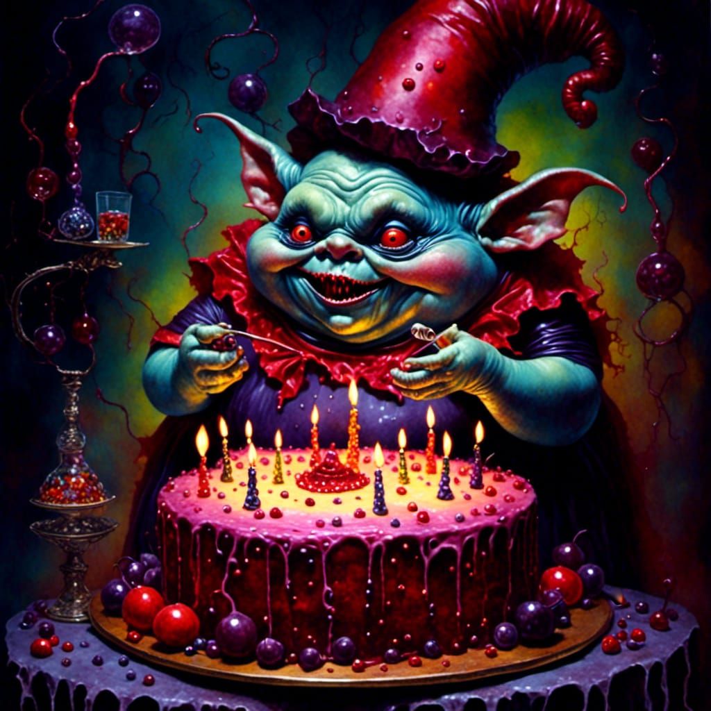 Goblin Woman Presents Birthday Cake in Dark Fantasy Style