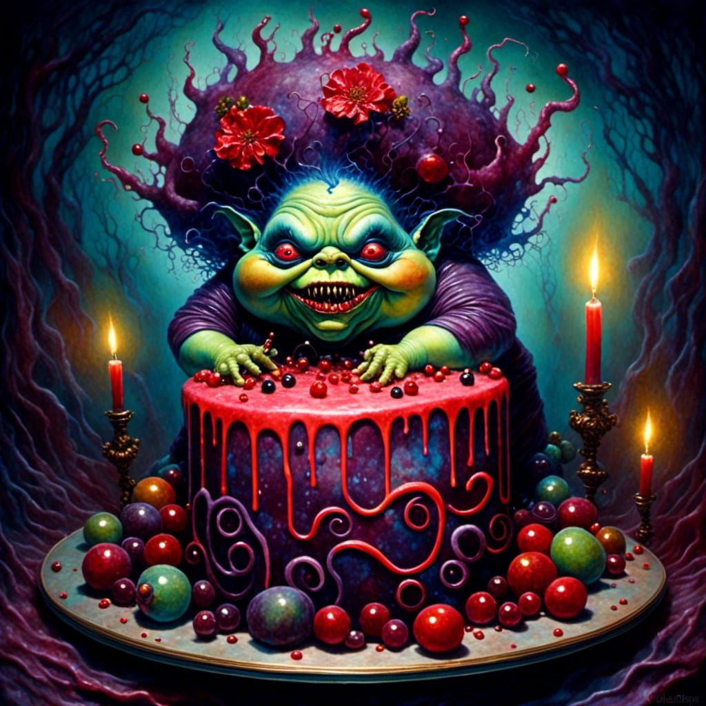 Goblin Woman Presents Birthday Cake in Dark Fantasy Style