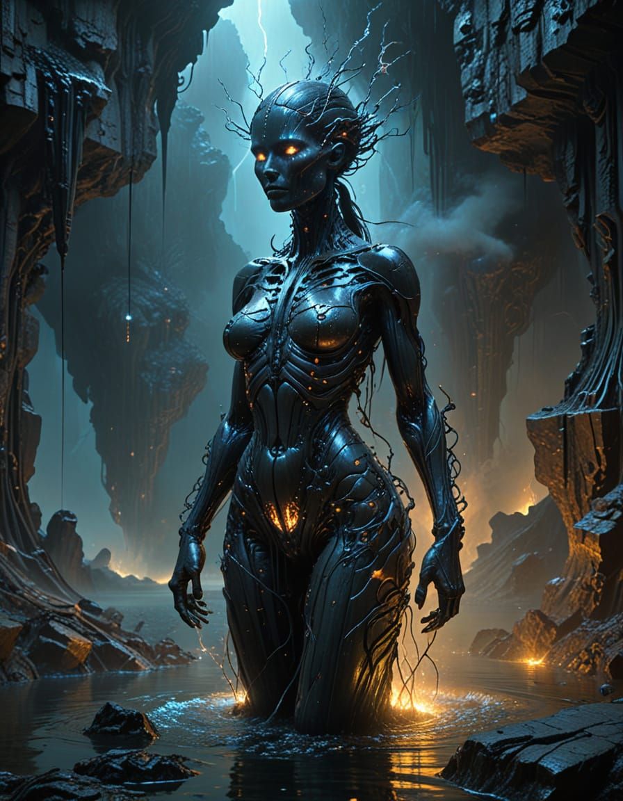 Biomechanical Goddess Blooms on Obsidian Isle in Dreamlike A...