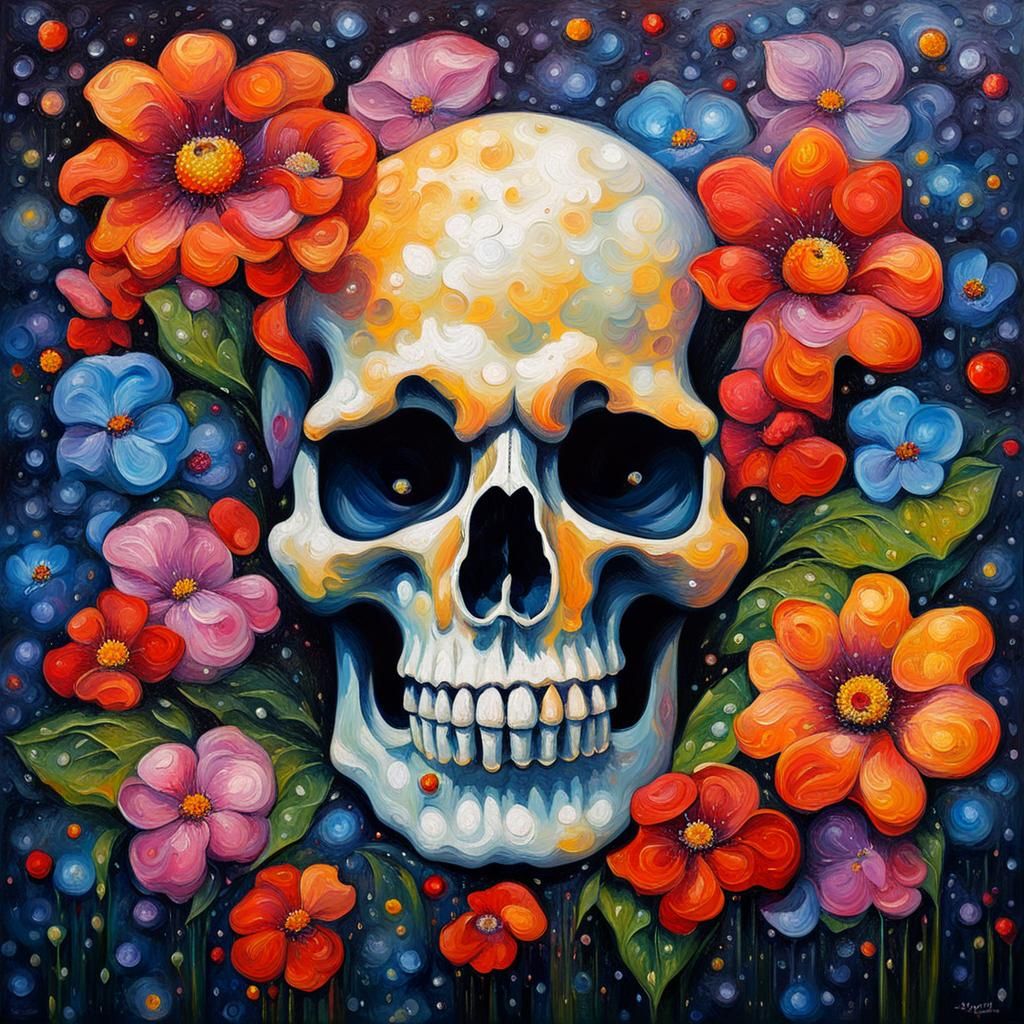 Dew-Kissed Skull Surrounded by Flowers: Impasto Oil Painting