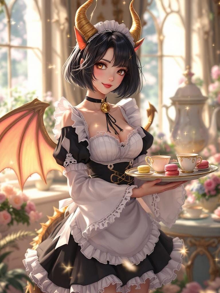 Dragon-Girl Maid in Sunlit Tearoom: Anime Fantasy