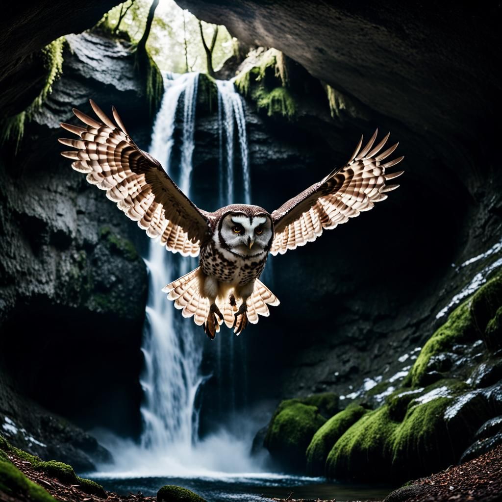 Great Spotted Owl Flying Over Waterfall Cave