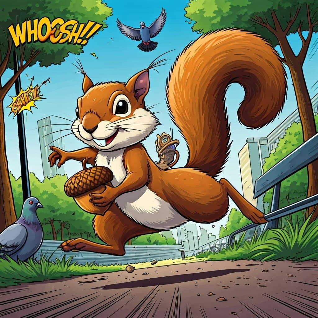 Squirrel Acorn Heist in Comic Book Style
