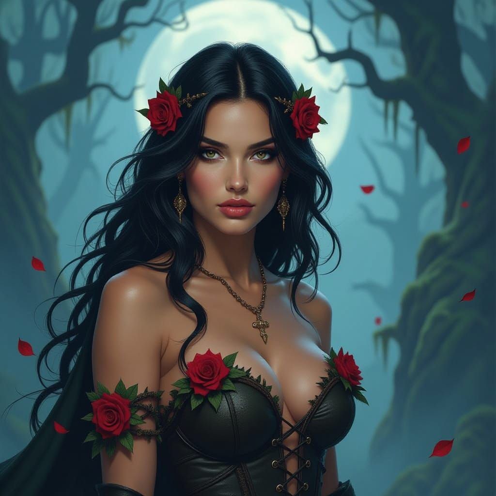 Warrior Woman in Moonlit Forest with Roses
