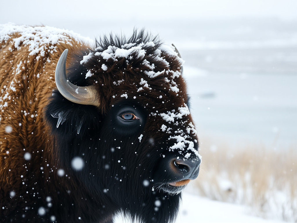 Bison in Yellowstone Snowstorm with Icy Fur