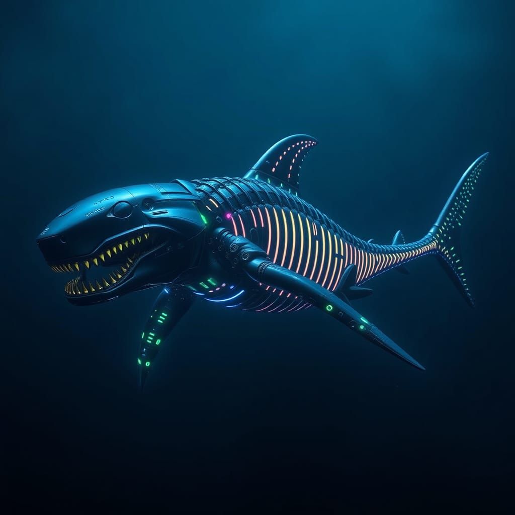 Bioluminescent Armored Shark in Dark Ocean Depths