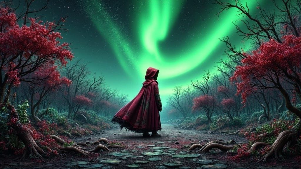 Whimsical Futuristic Figure in Crimson Coat Amidst Iridescen...