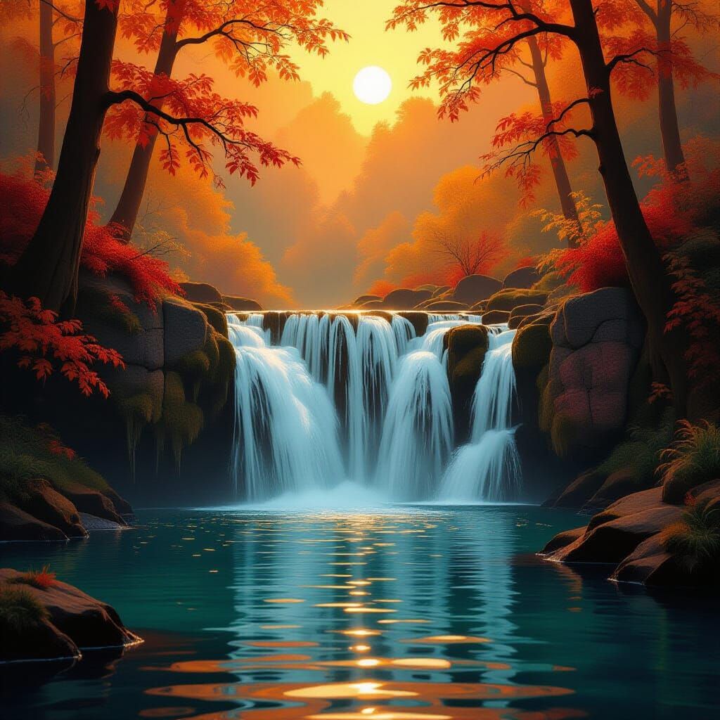 Surreal Autumn Waterfall With Ethereal Glow